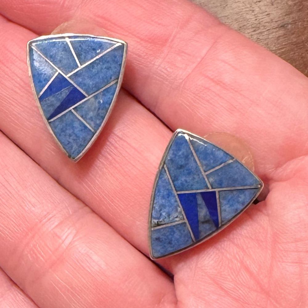 Navajo shield earrings. Sterling and lapis, signed on back. 7/8 inches. Like new